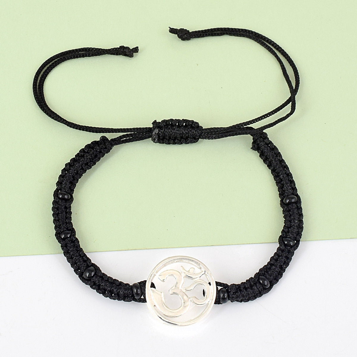Men's Pure Silver Om Beaded Black Thread Bracelet