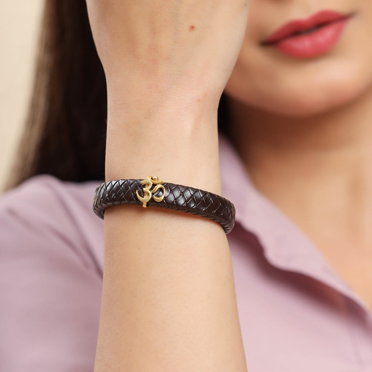 Unisex Om Brown Leather Strap Bracelet- Gold Finish