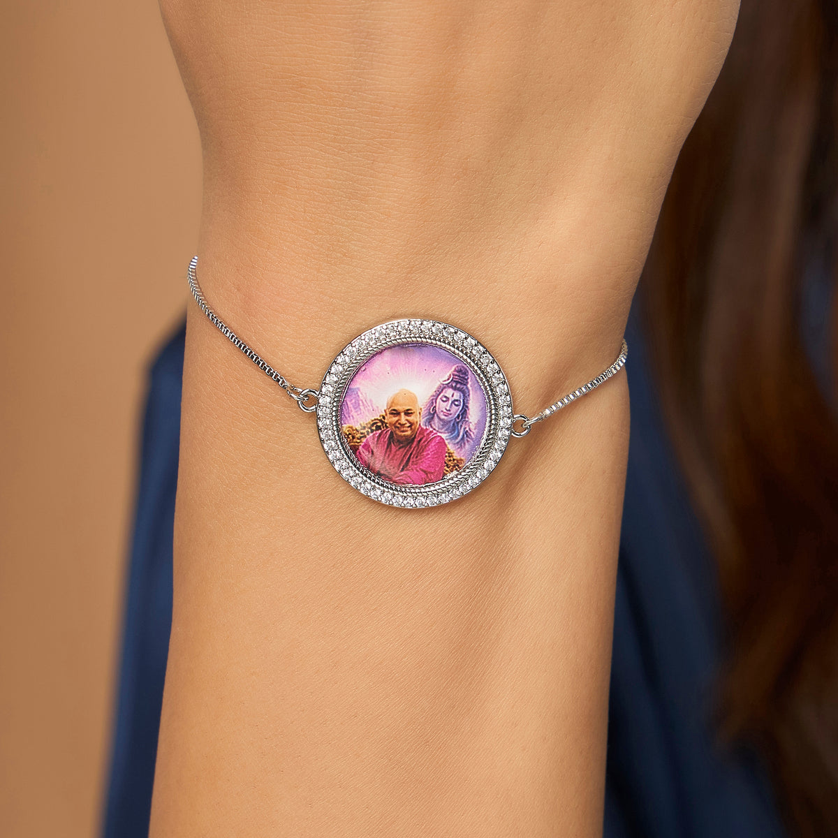 Oversized Guruji Swaroop Silver Chain Bracelet- Pink