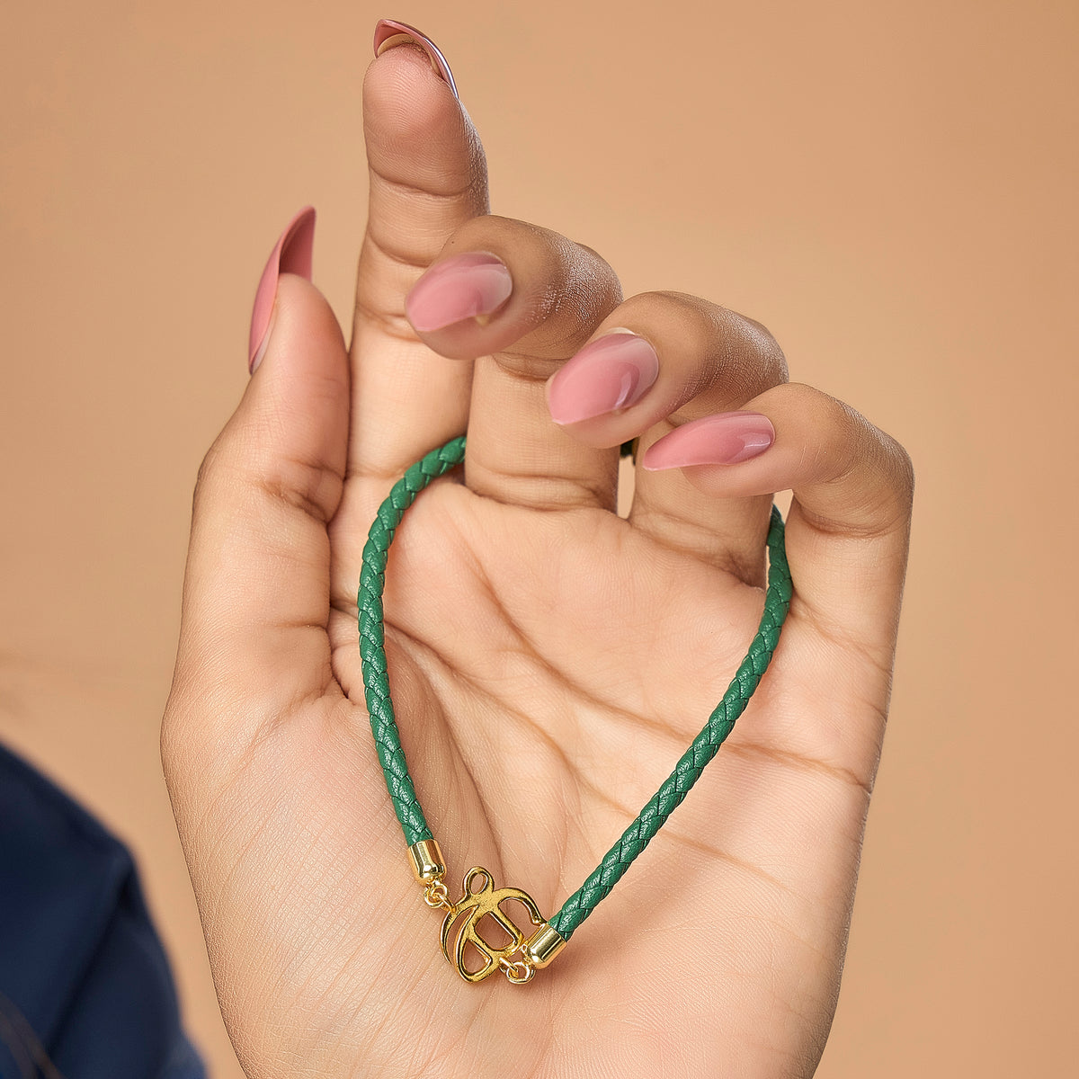 Pure Silver Ek Onkar Green Leather Rope Bracelet