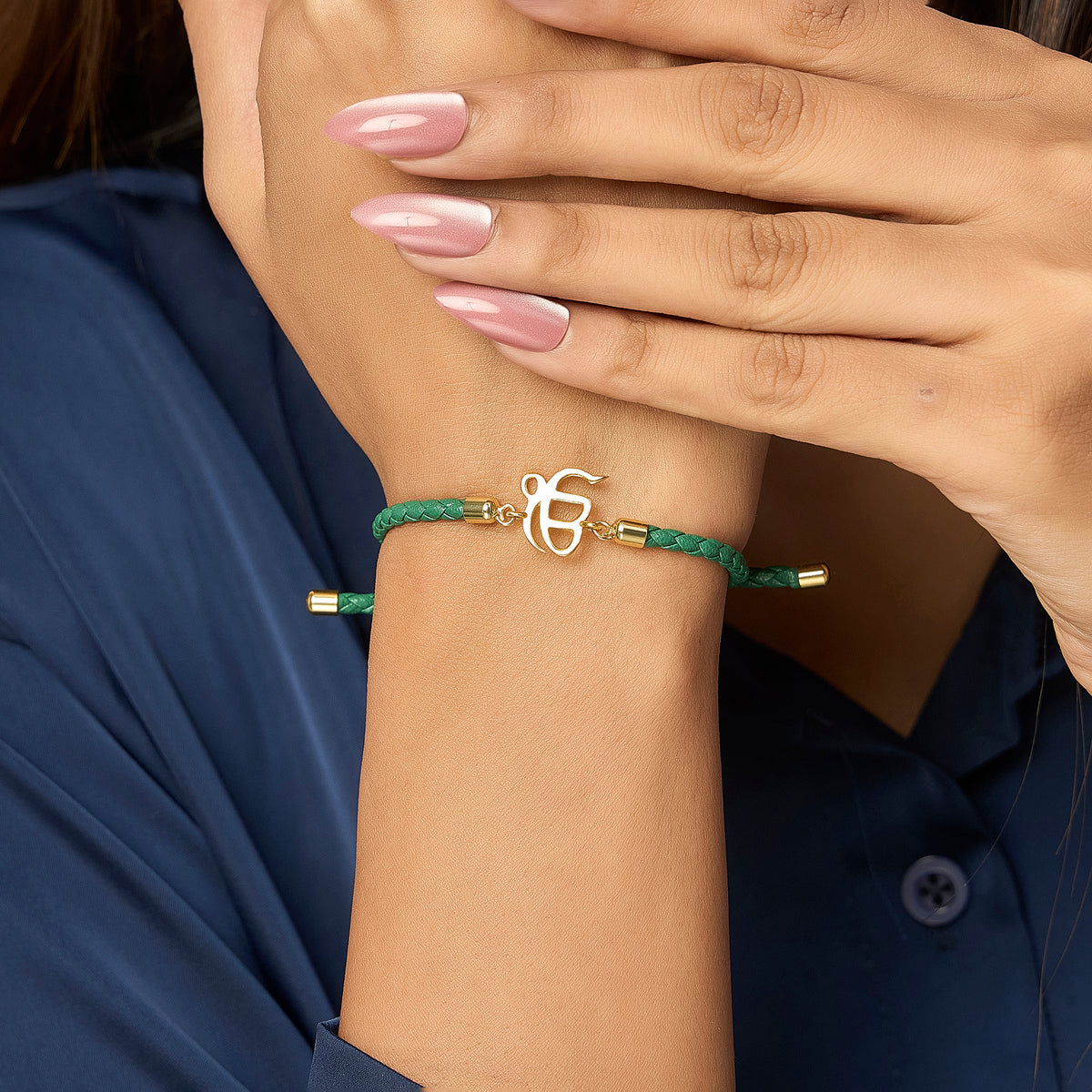 Pure Silver Ek Onkar Green Leather Rope Bracelet