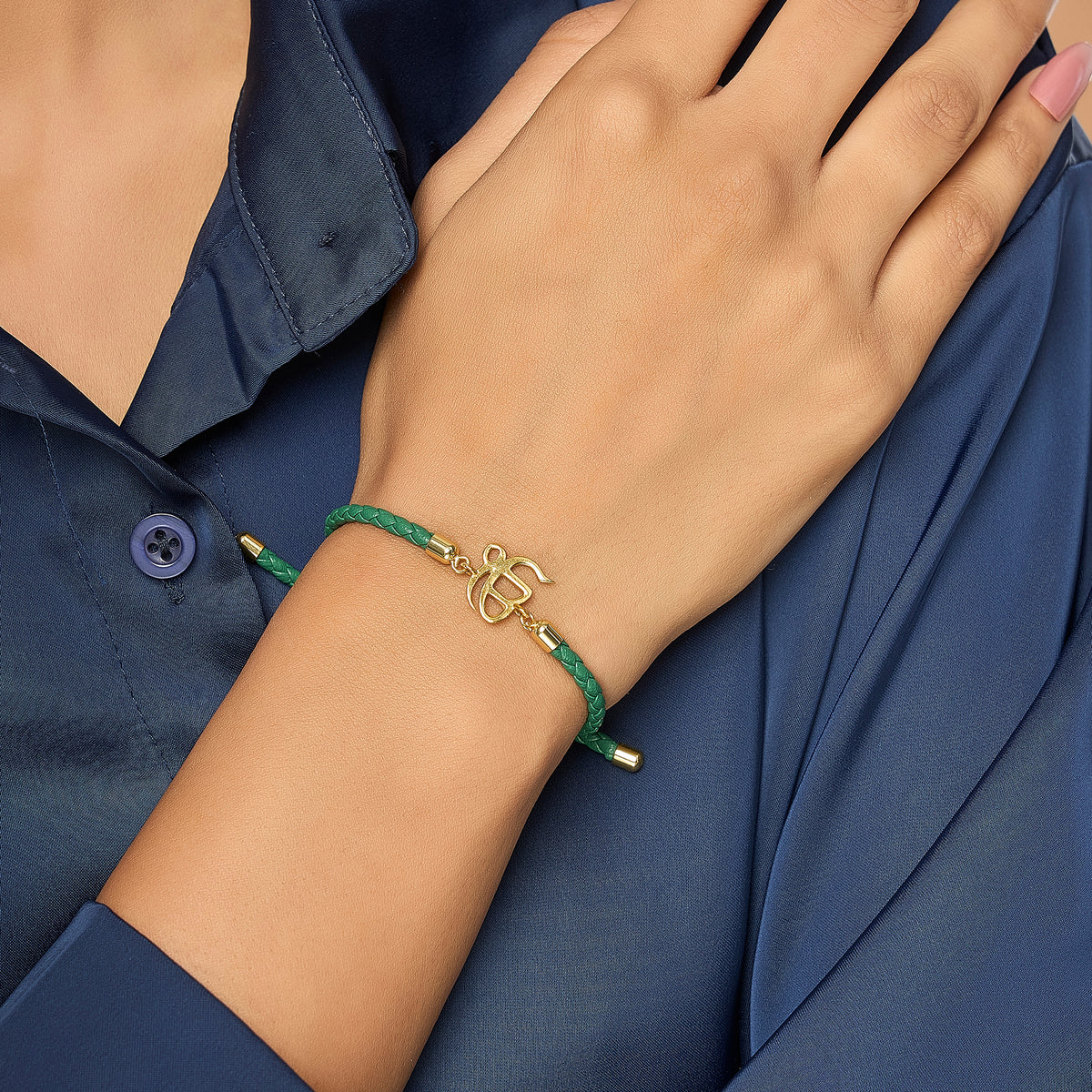 Pure Silver Ek Onkar Green Leather Rope Bracelet