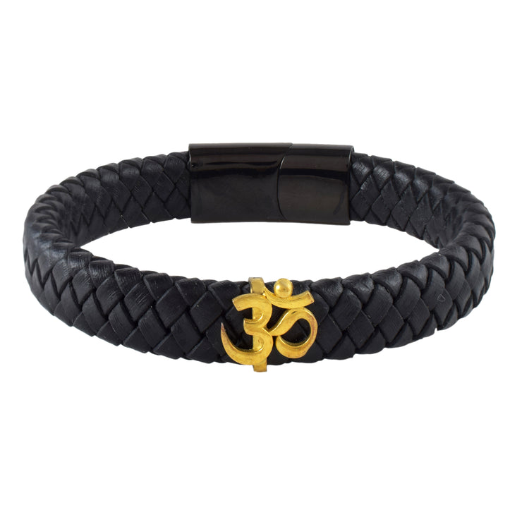 Om Leather Strap Bracelet- Gold Finish