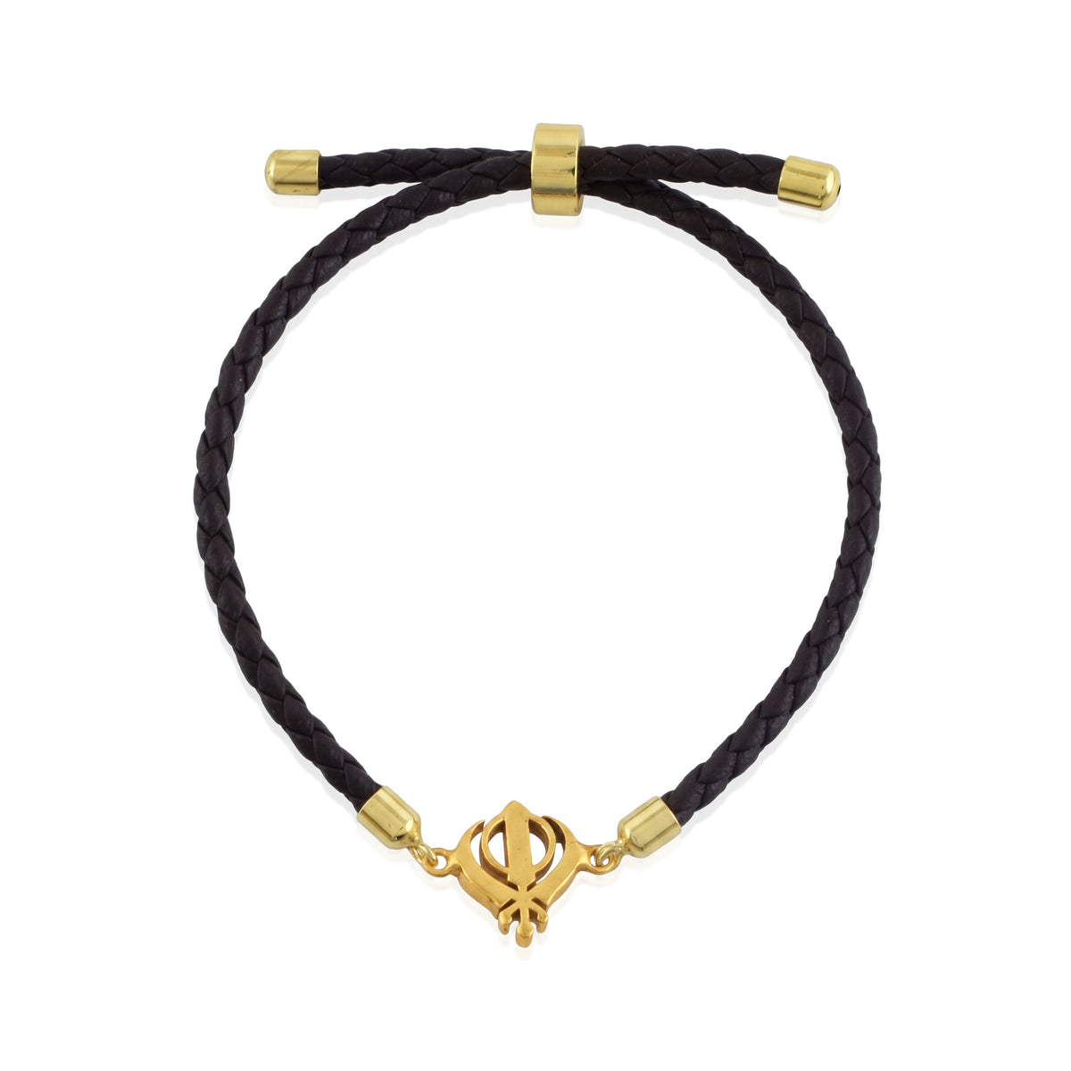 Pure Silver Khanda Brown Leather Rope Bracelet