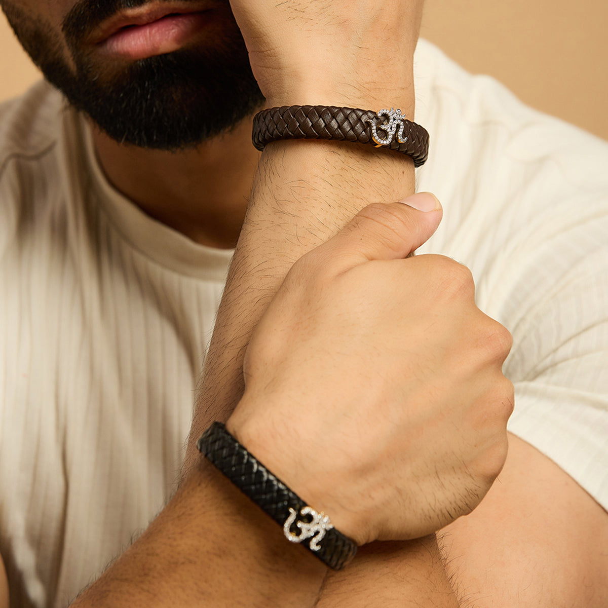 Men's Om Swarovski Leather Bracelet