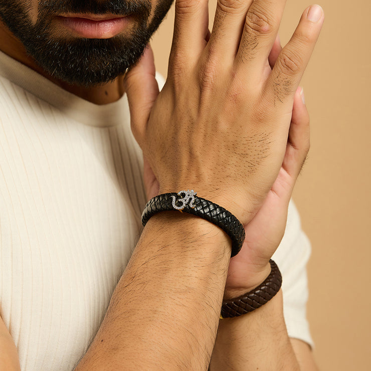 Men's Om Swarovski Leather Bracelet