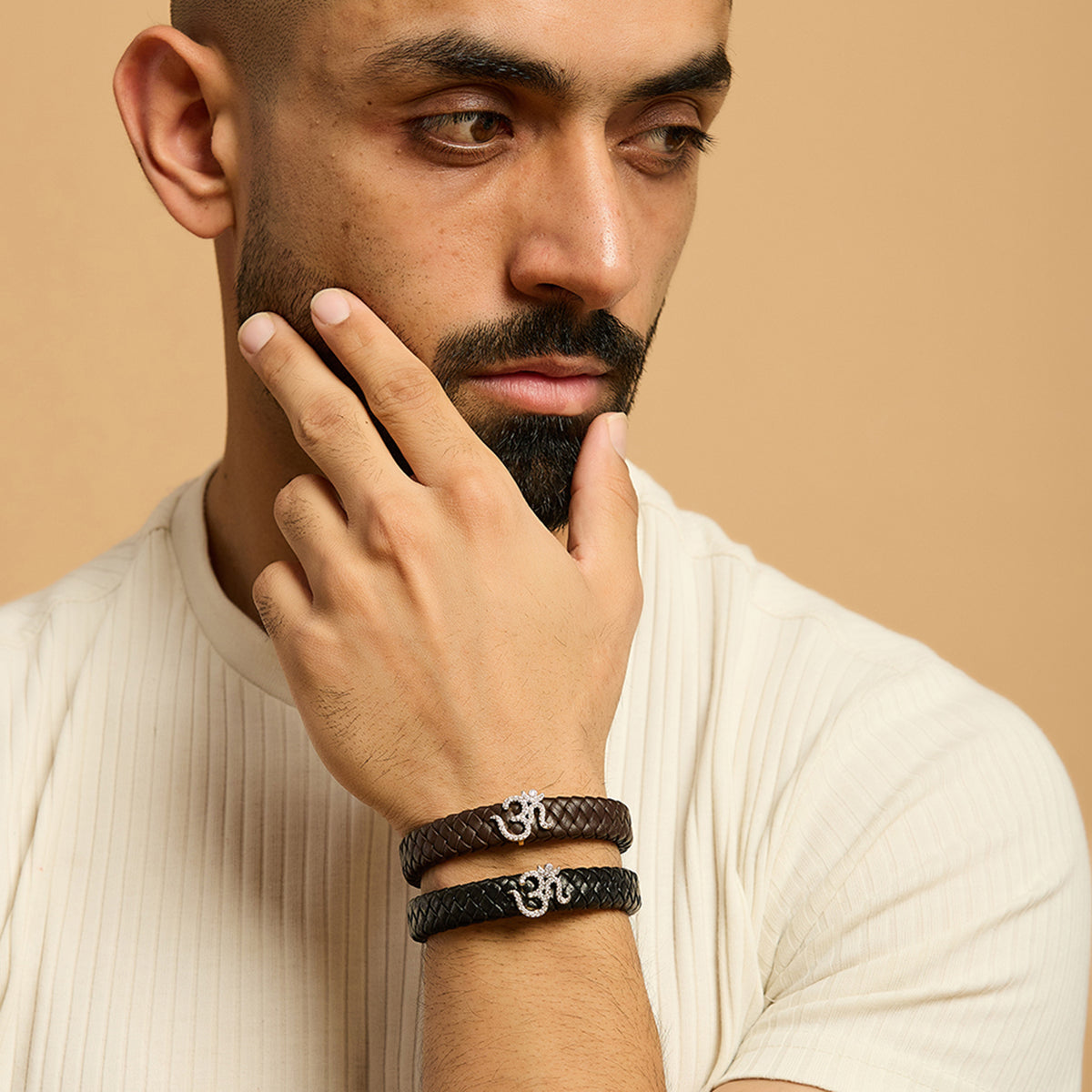 Men's Om Swarovski Leather Bracelet