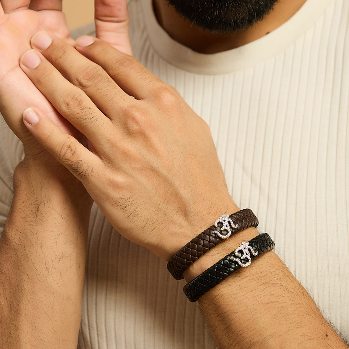 Men's Om Swarovski Leather Bracelet