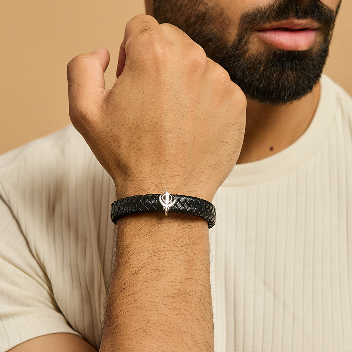 Men's Pure Silver Black Leather Bracelet- Silver finish