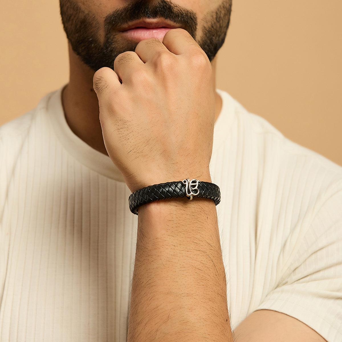 Men's Pure Silver Black Leather Bracelet- Silver finish