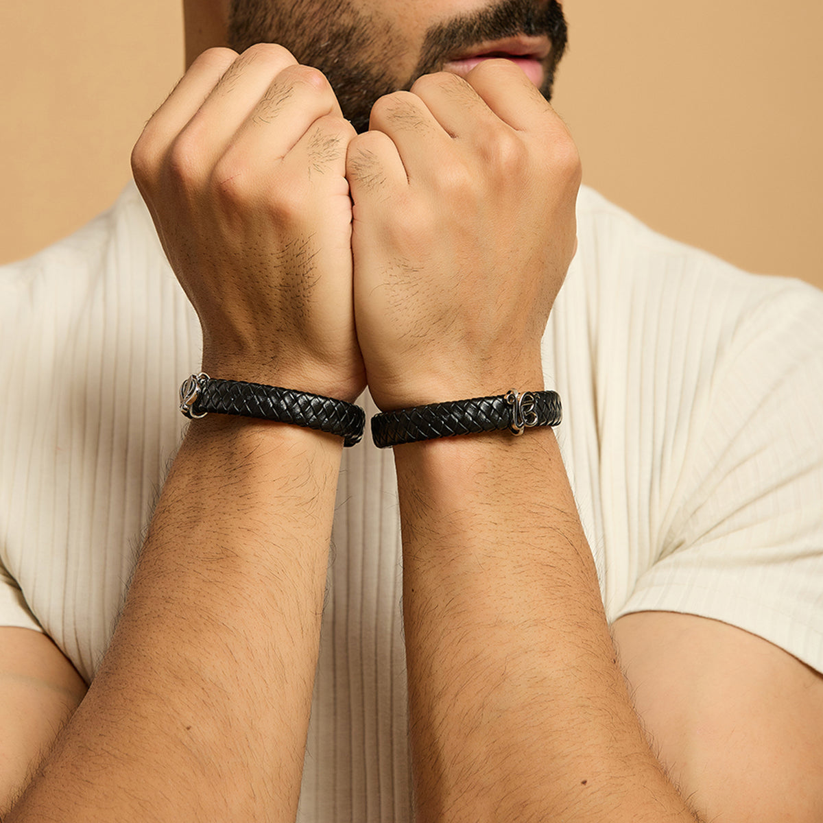 Men's Pure Silver Black Leather Bracelet- Silver finish