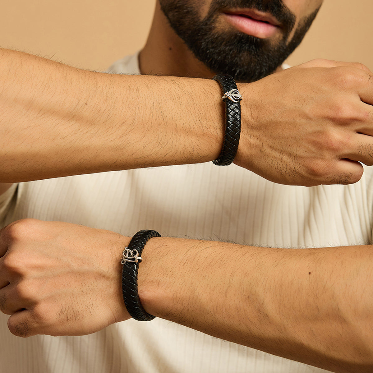 Men's Pure Silver Black Leather Bracelet- Silver finish