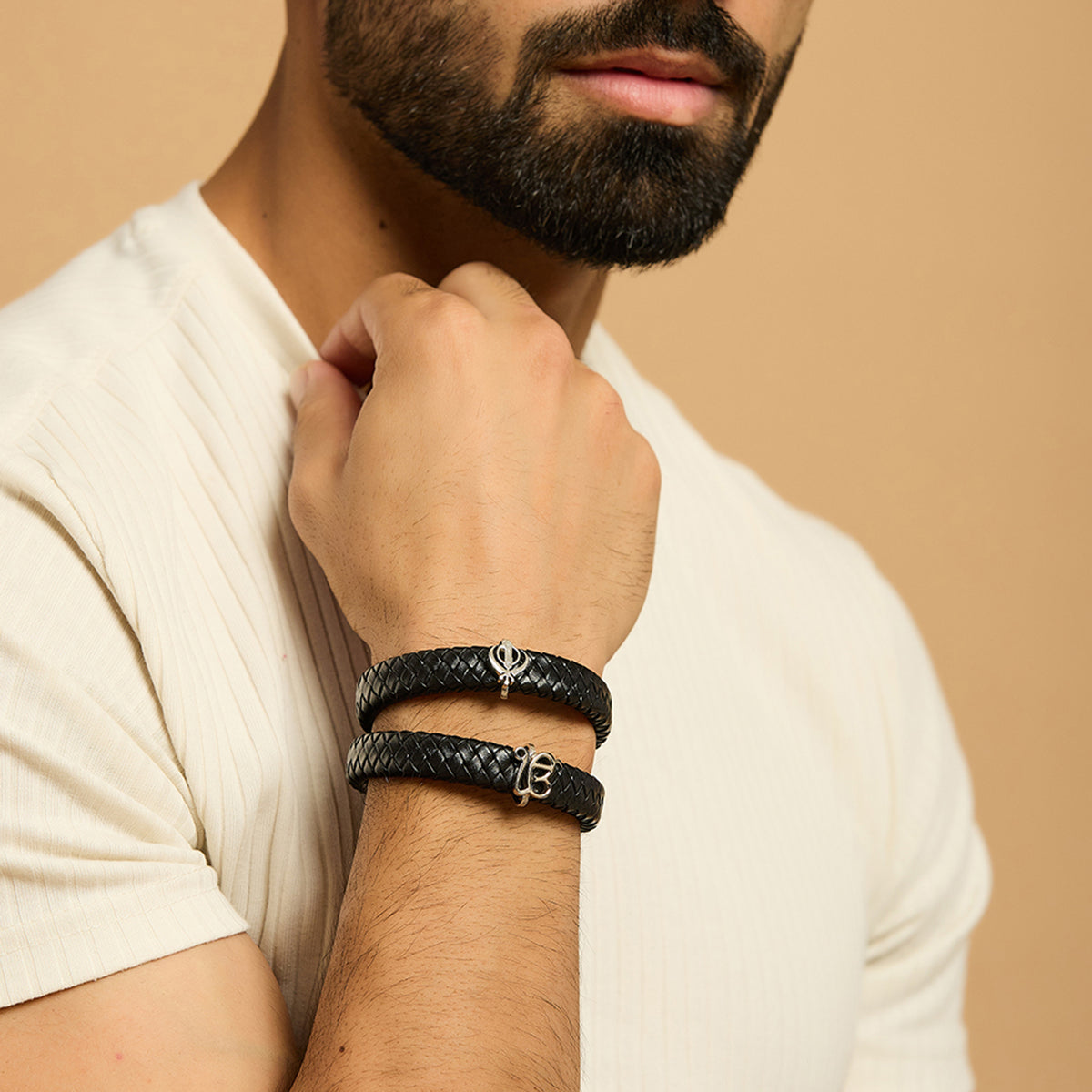 Men's Pure Silver Black Leather Bracelet- Silver finish