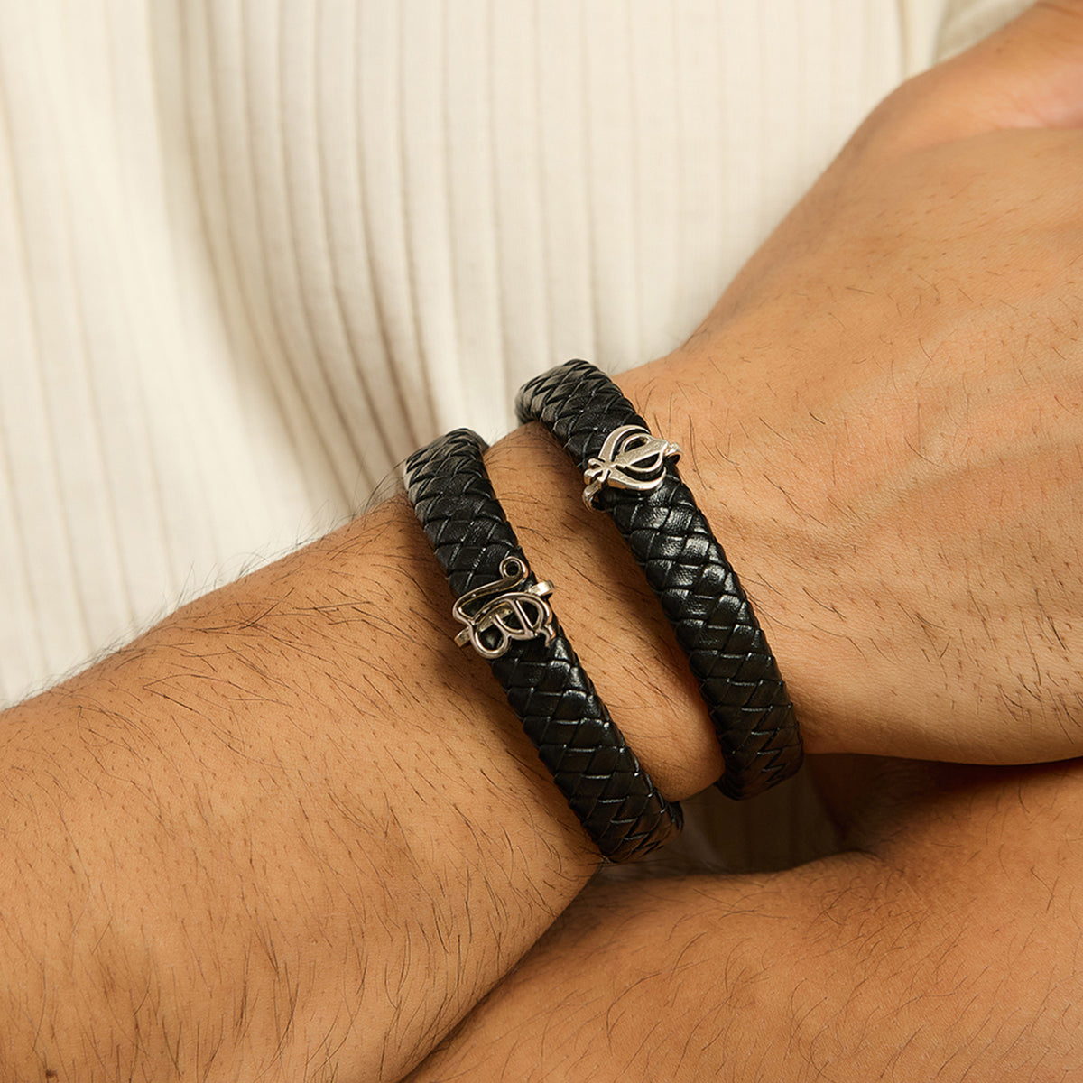 Men's Pure Silver Black Leather Bracelet- Silver finish