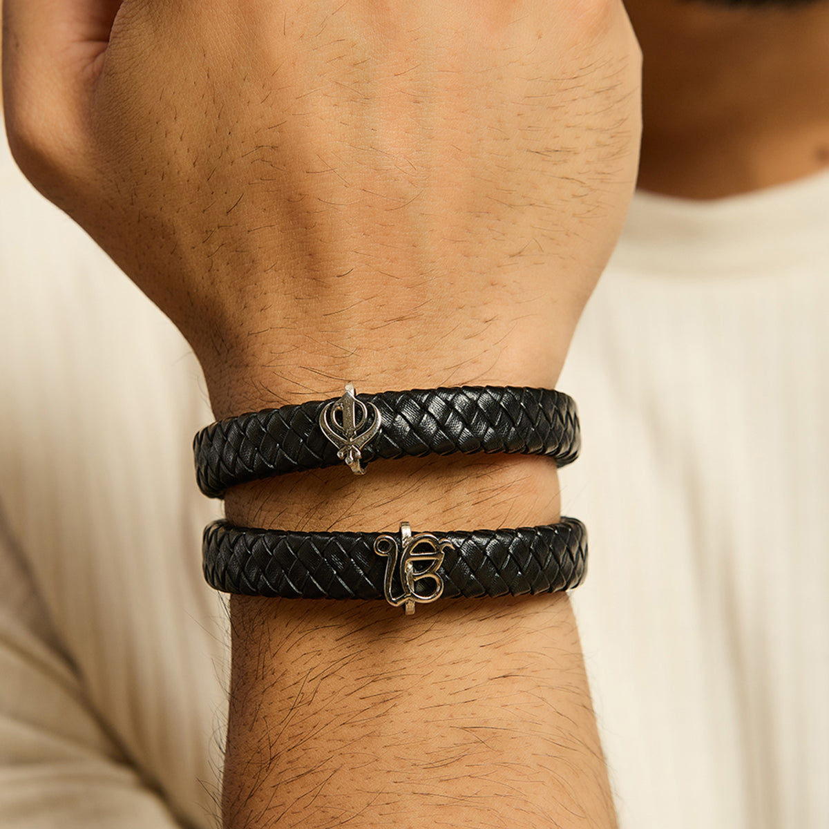 Men's Pure Silver Black Leather Bracelet- Silver finish