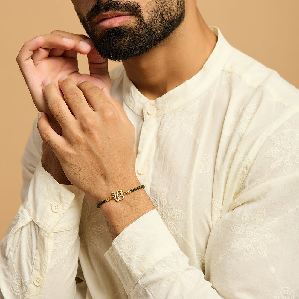 Men's Pure Silver Ek Onkar Green Rope Bracelet