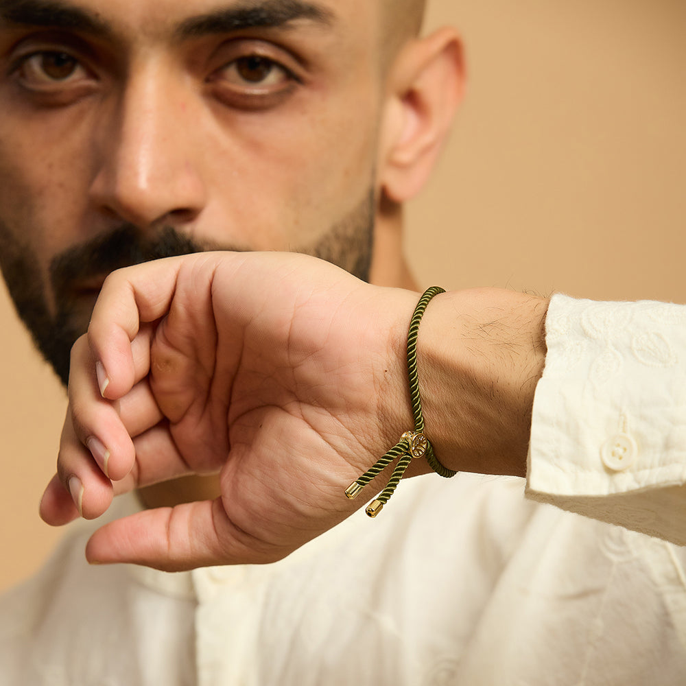Men's Pure Silver Ek Onkar Green Rope Bracelet