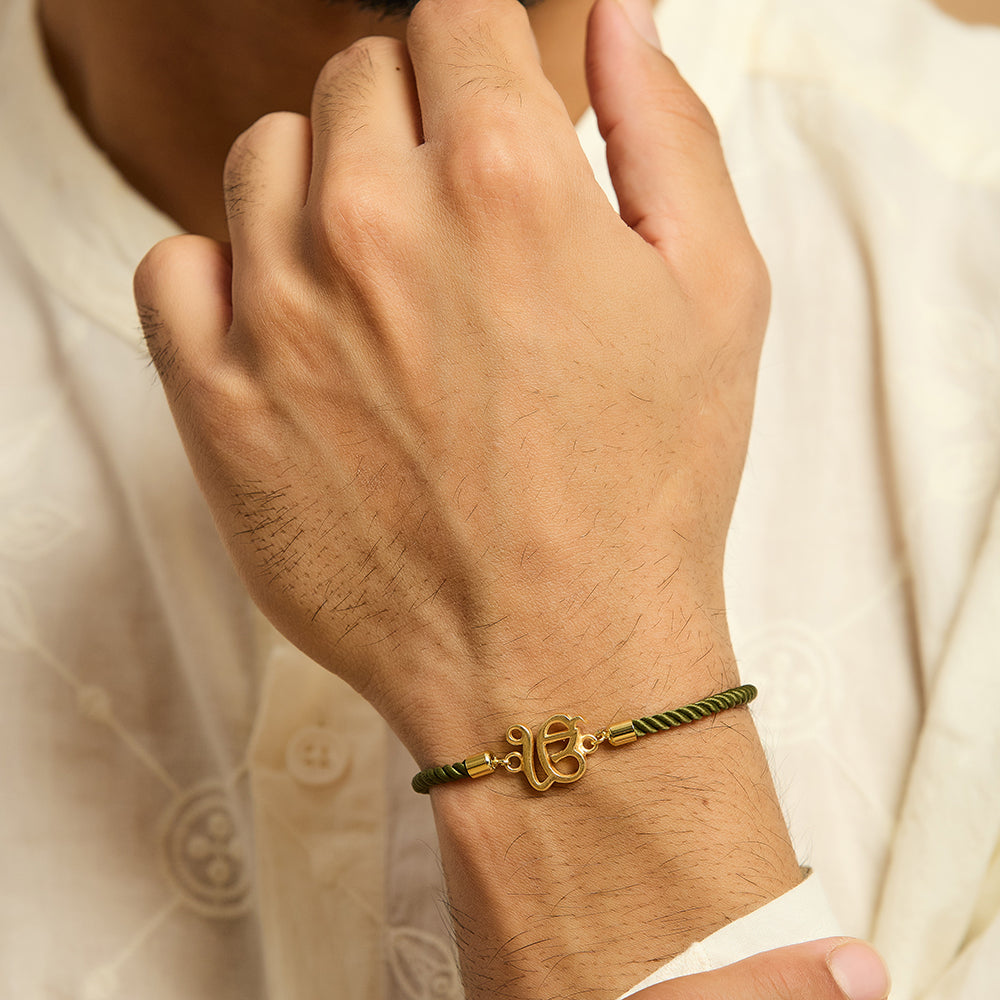 Men's Pure Silver Ek Onkar Green Rope Bracelet