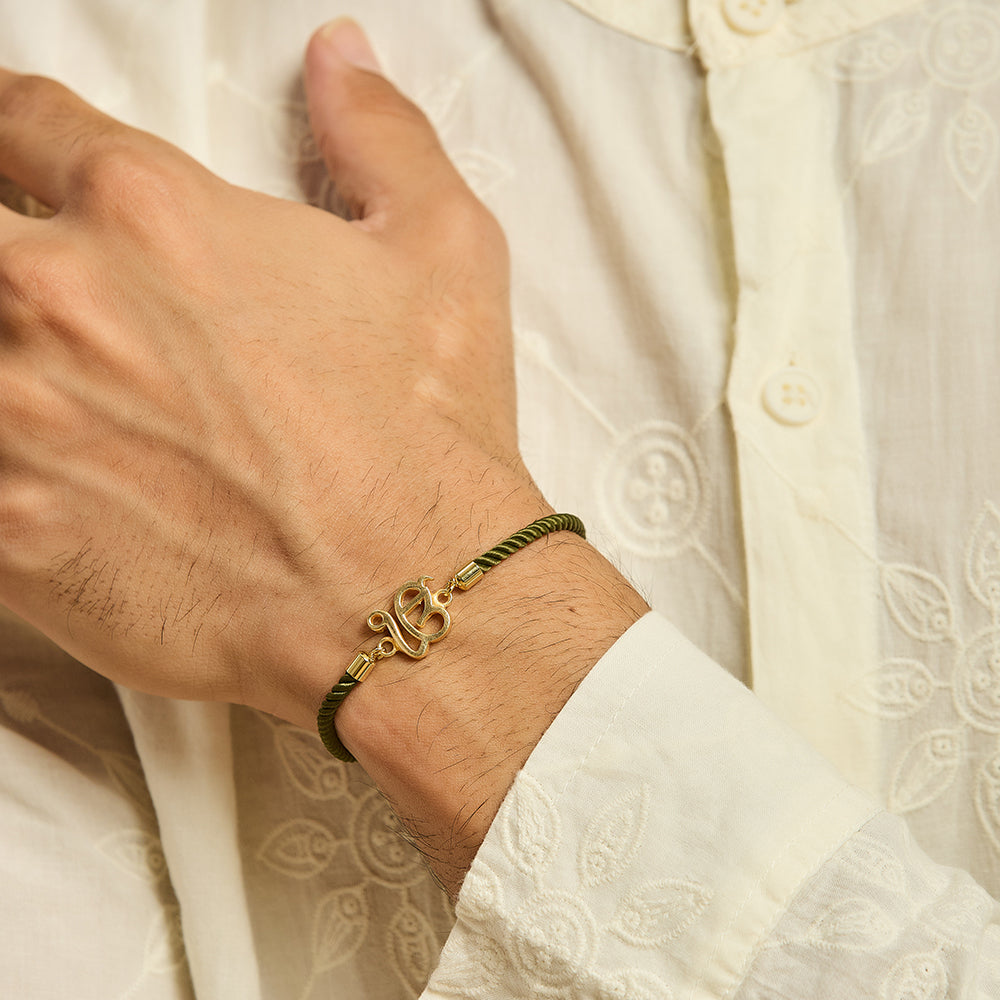 Men's Pure Silver Ek Onkar Green Rope Bracelet
