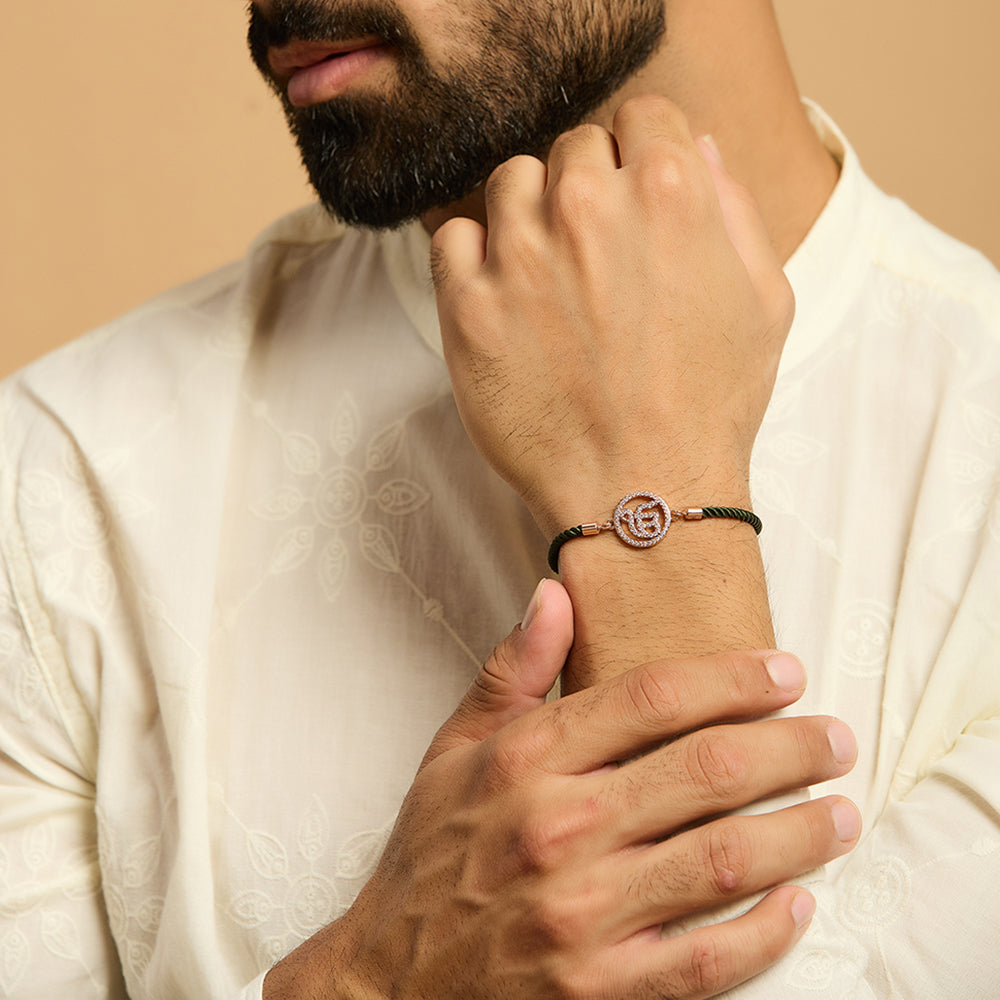 Men's Ek Onkar Green Rope Bracelet-Rose Gold finish