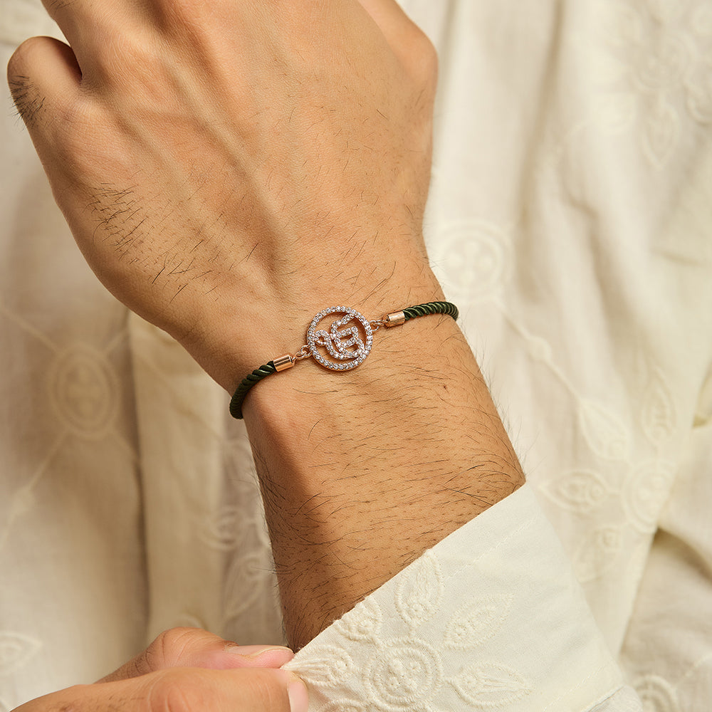 Men's Ek Onkar Green Rope Bracelet-Rose Gold finish