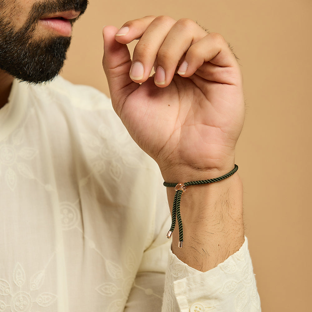 Men's Ek Onkar Green Rope Bracelet-Rose Gold finish
