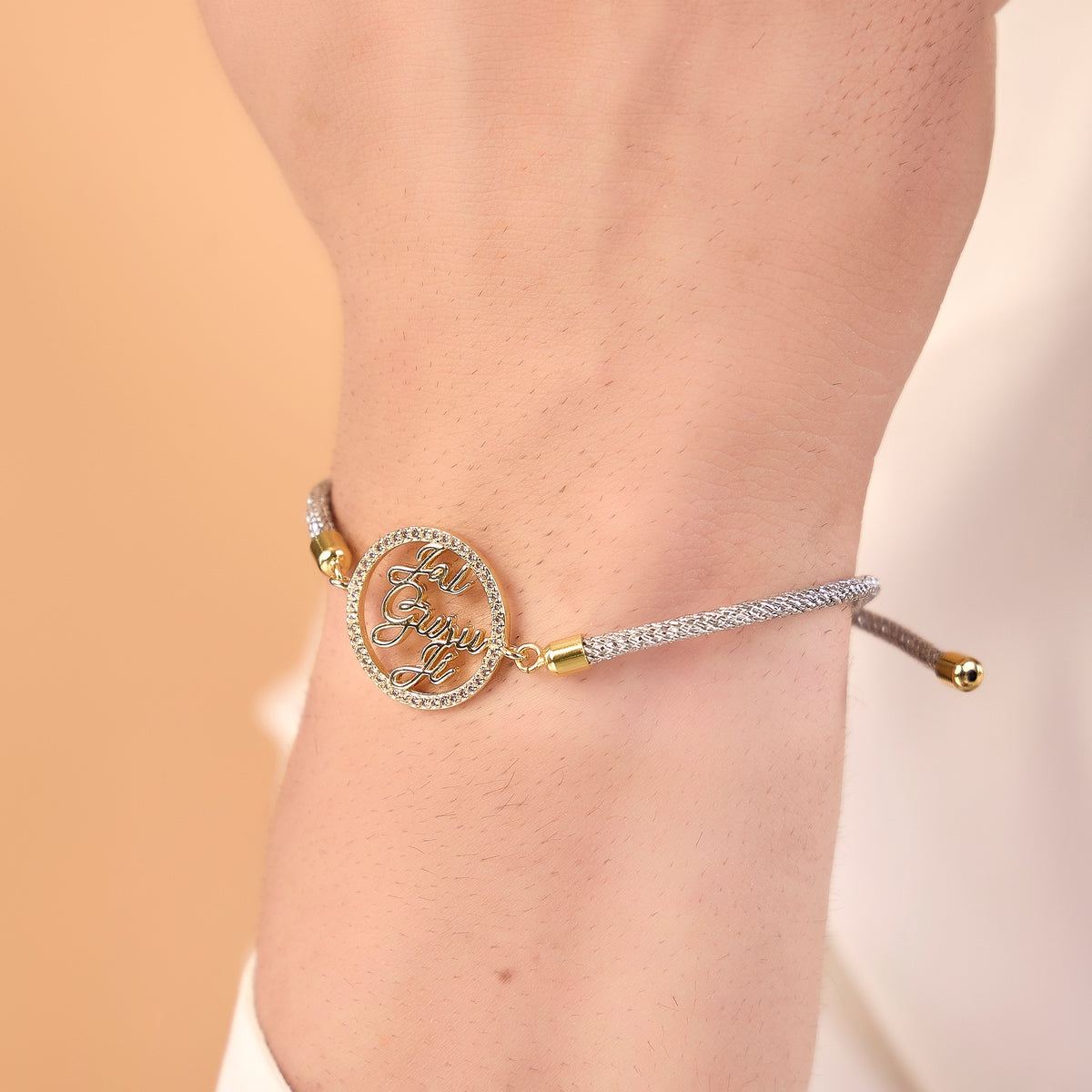 Men's Guruji Swarovski Charm Zari Thread Bracelet- Silver