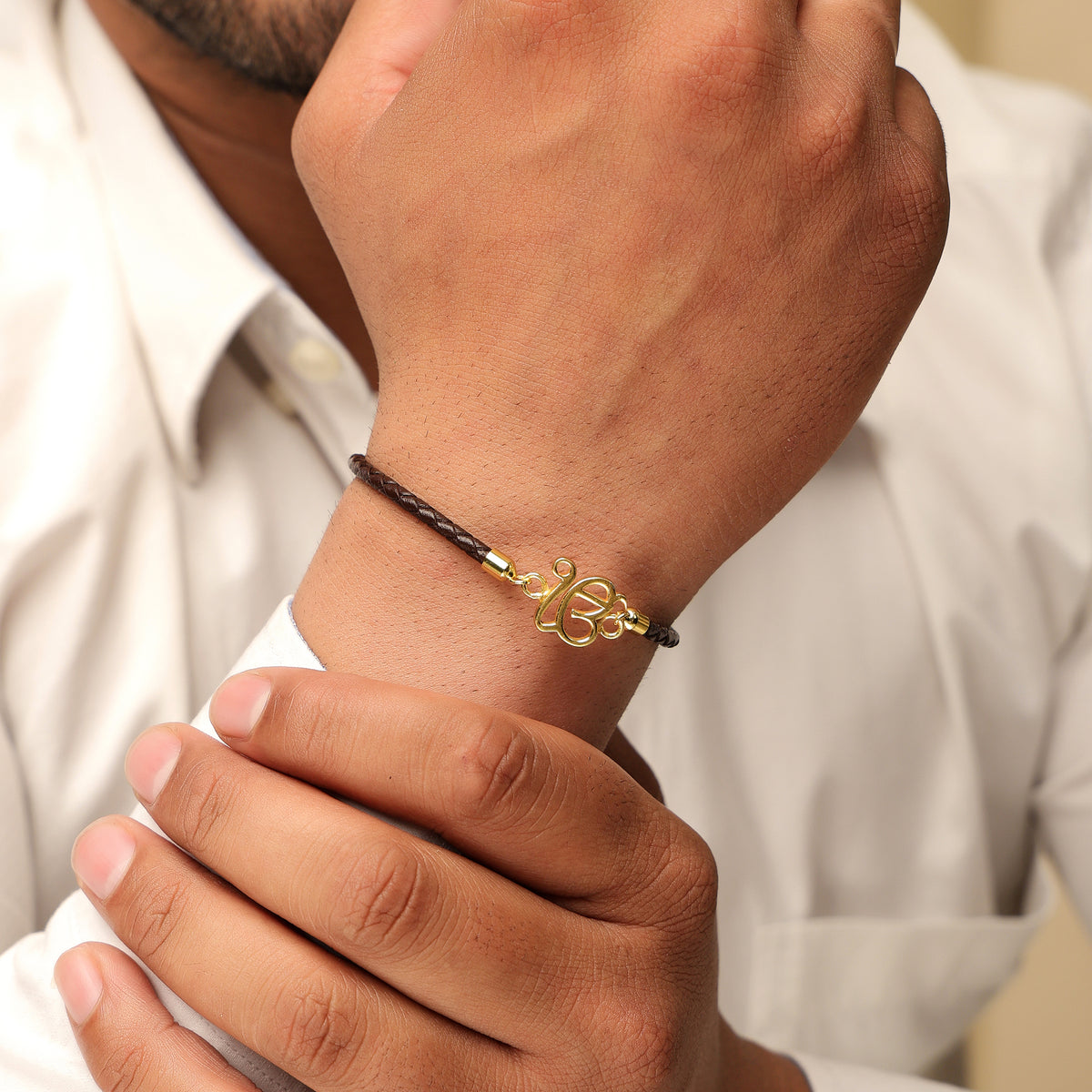 Pure Silver Ek Onkar Brown Leather Rope Bracelet- Unisex