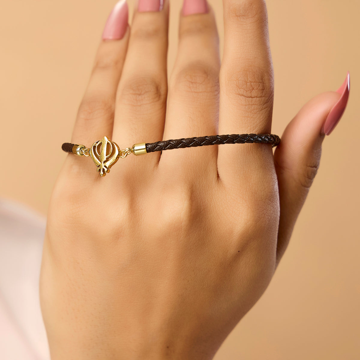 Pure Silver Khanda Brown Leather Rope Bracelet