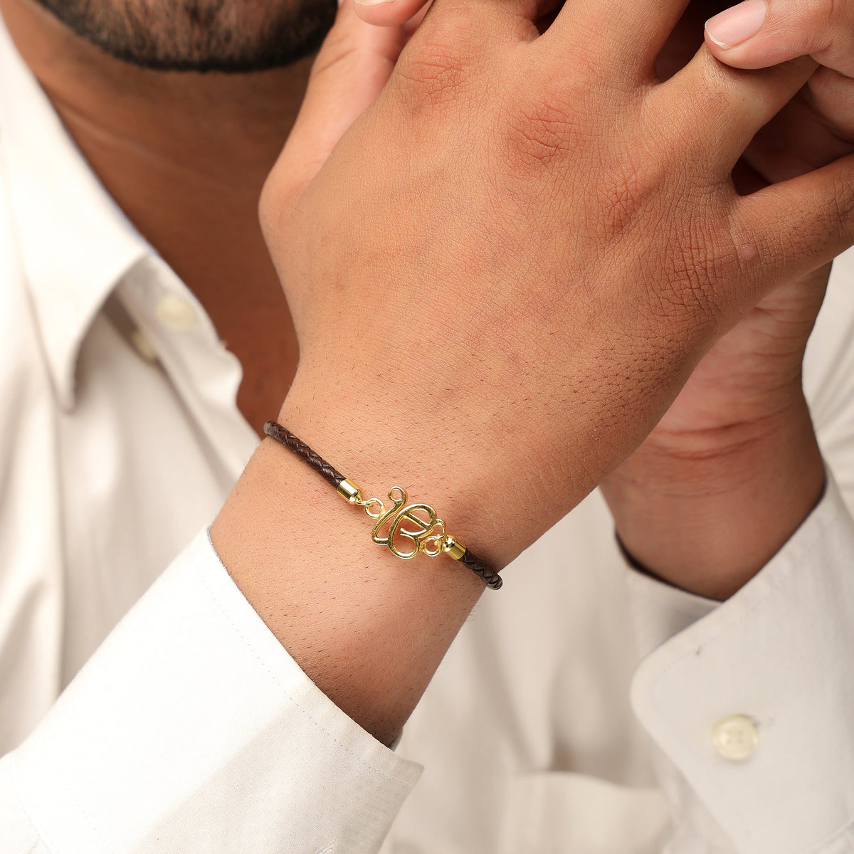 Pure Silver Ek Onkar Brown Leather Rope Bracelet- Unisex