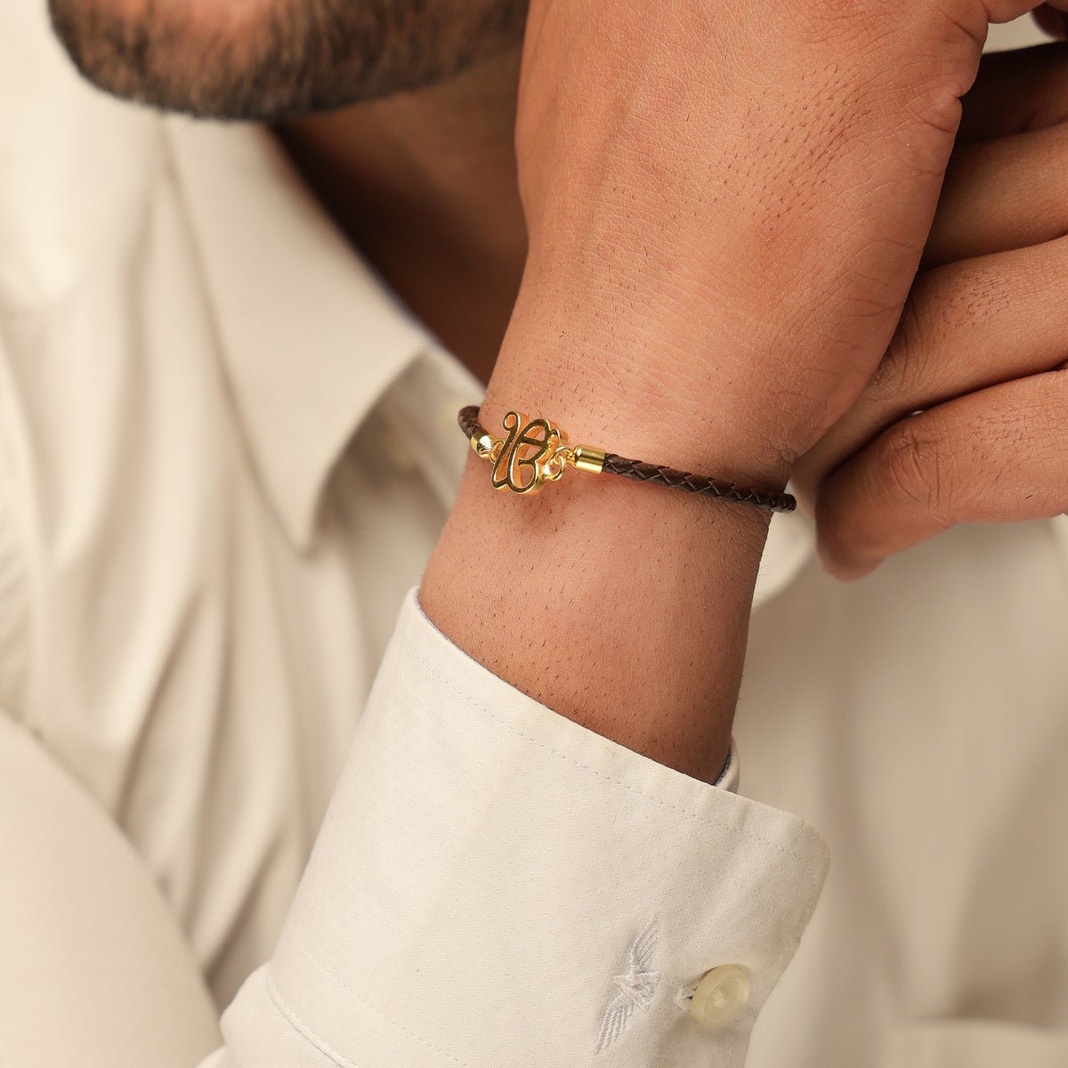 Pure Silver Ek Onkar Brown Leather Rope Bracelet- Unisex