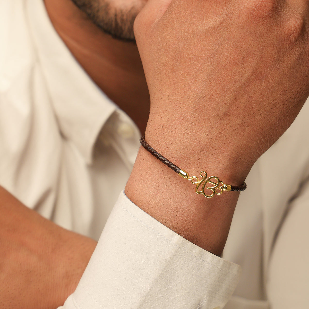 Pure Silver Ek Onkar Brown Leather Rope Bracelet- Unisex