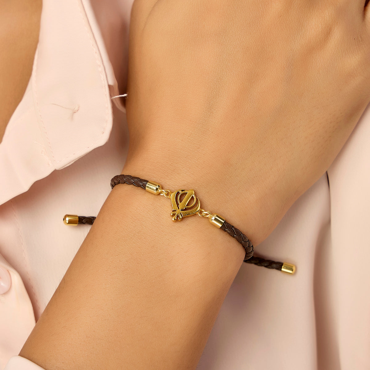 Pure Silver Khanda Brown Leather Rope Bracelet