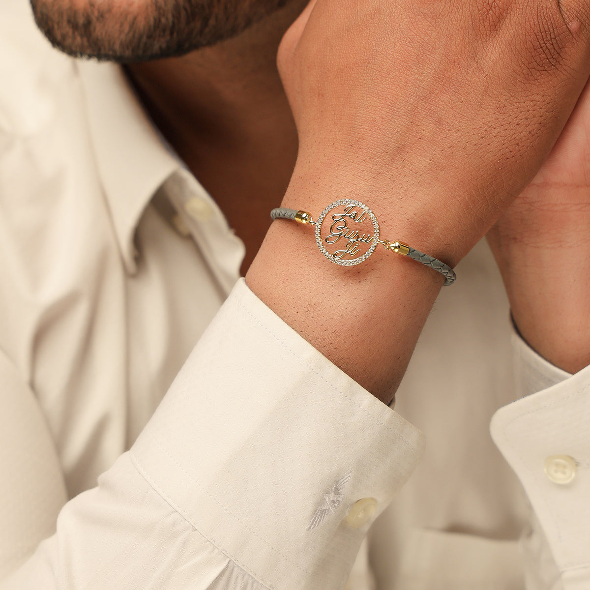 Jai Guruji Swarovski Grey Leather Rope Bracelet- Unisex