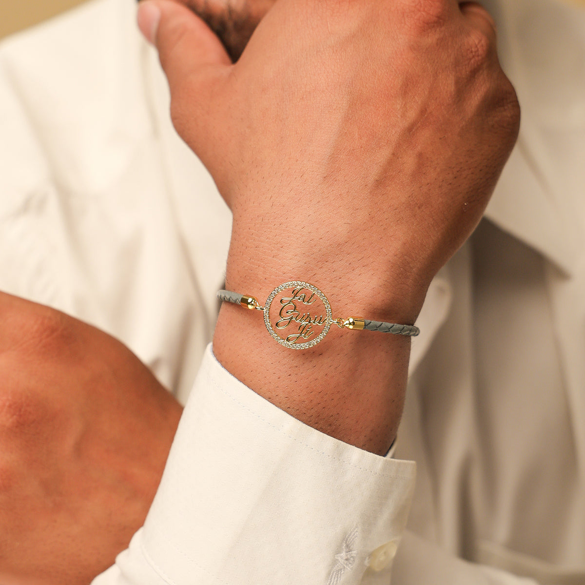 Jai Guruji Swarovski Grey Leather Rope Bracelet- Unisex