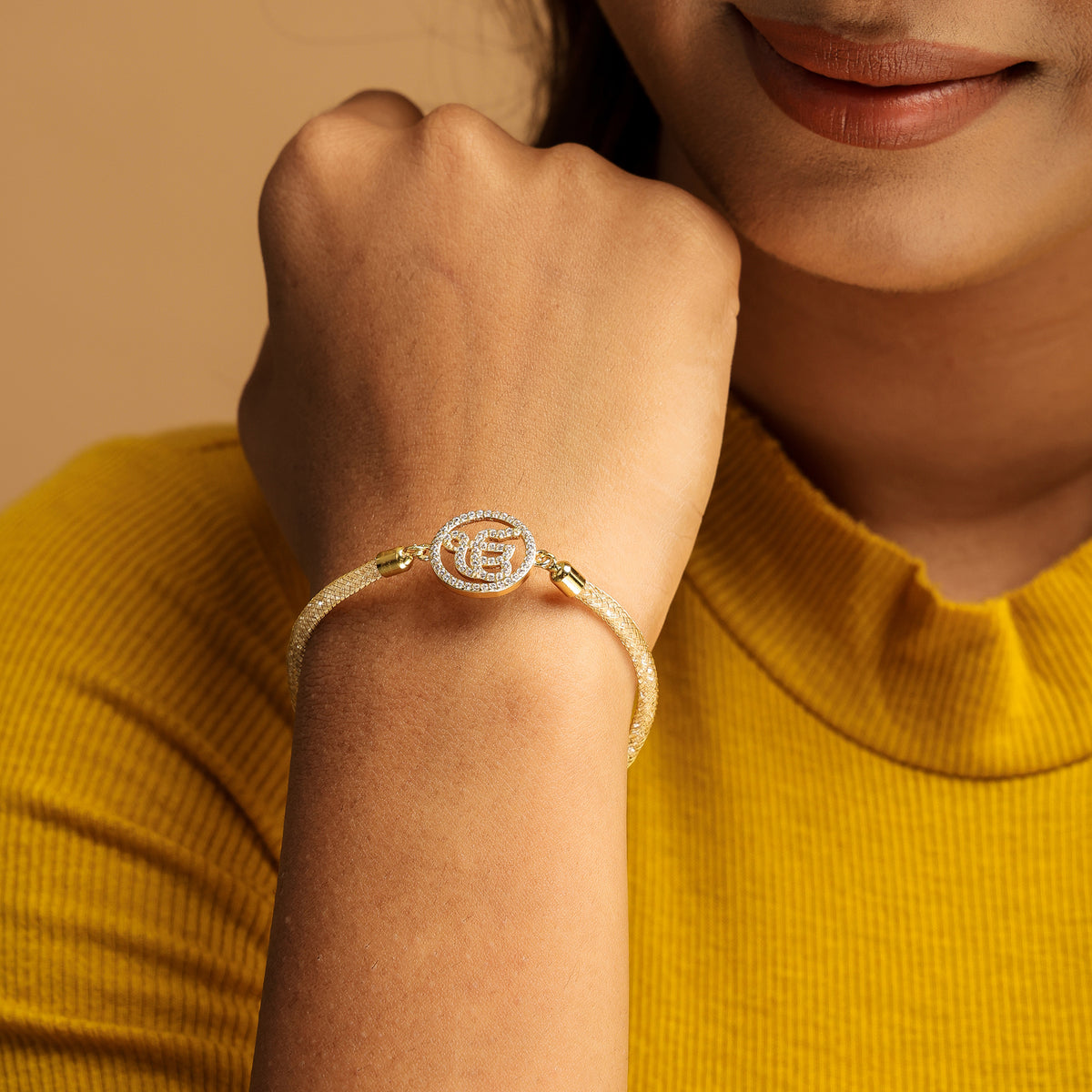 Ek Onkar Diamond Filled Rope Bracelet- Gold