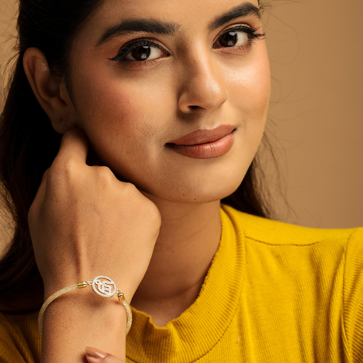 Ek Onkar Diamond Filled Rope Bracelet- Gold