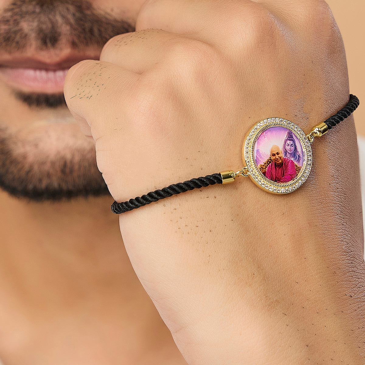 Men's Oversized Guruji Swaroop Black Rope Bracelet- Pink