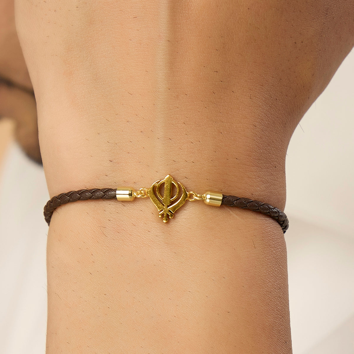 Men's Pure Silver Khanda Brown Leather Rope Bracelet