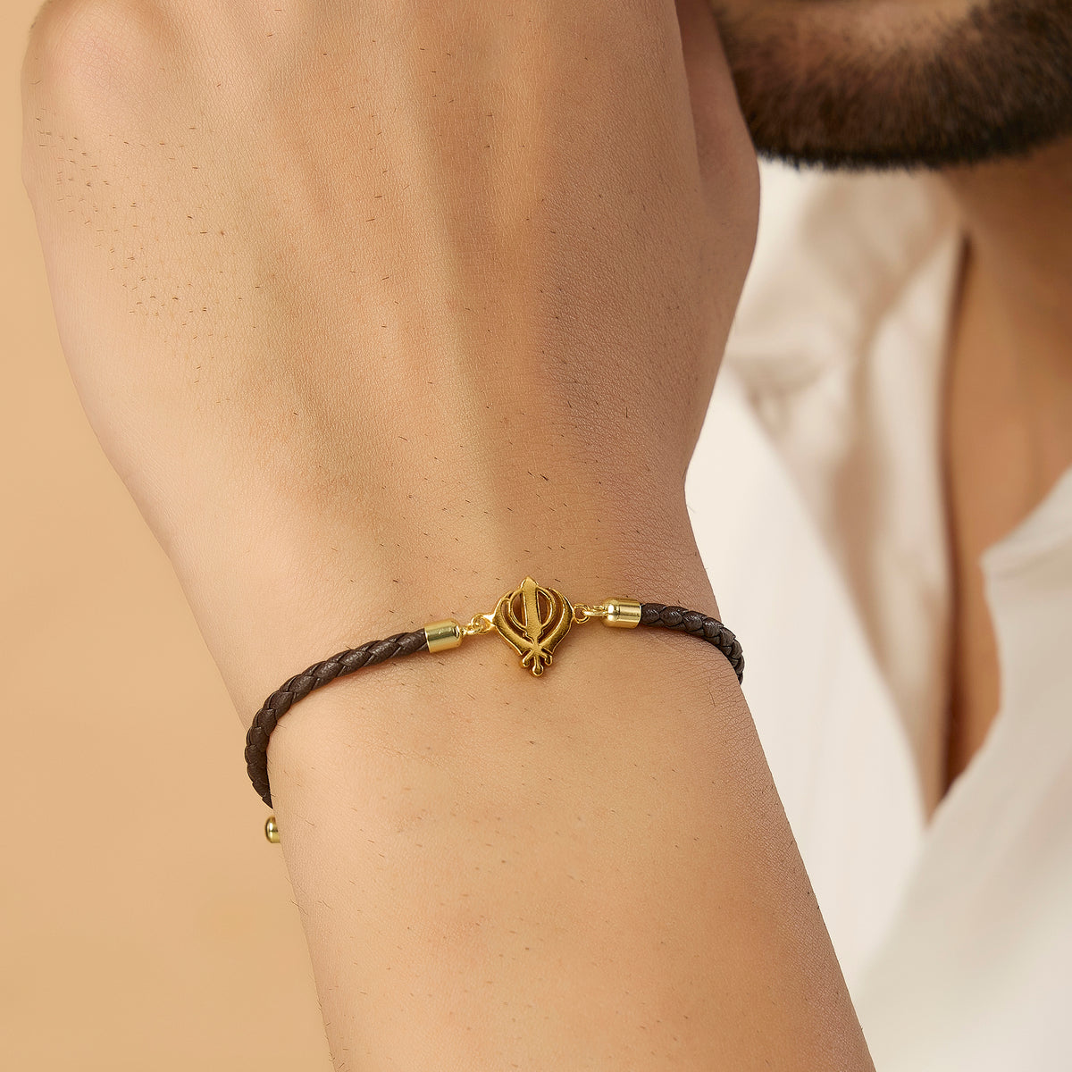 Men's Pure Silver Khanda Brown Leather Rope Bracelet
