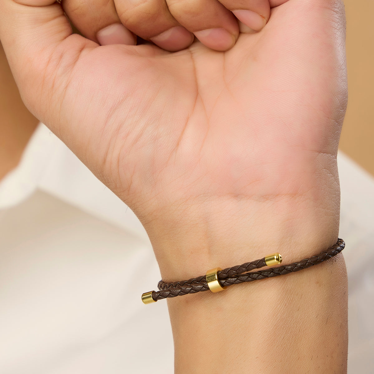 Men's Pure Silver Khanda Brown Leather Rope Bracelet