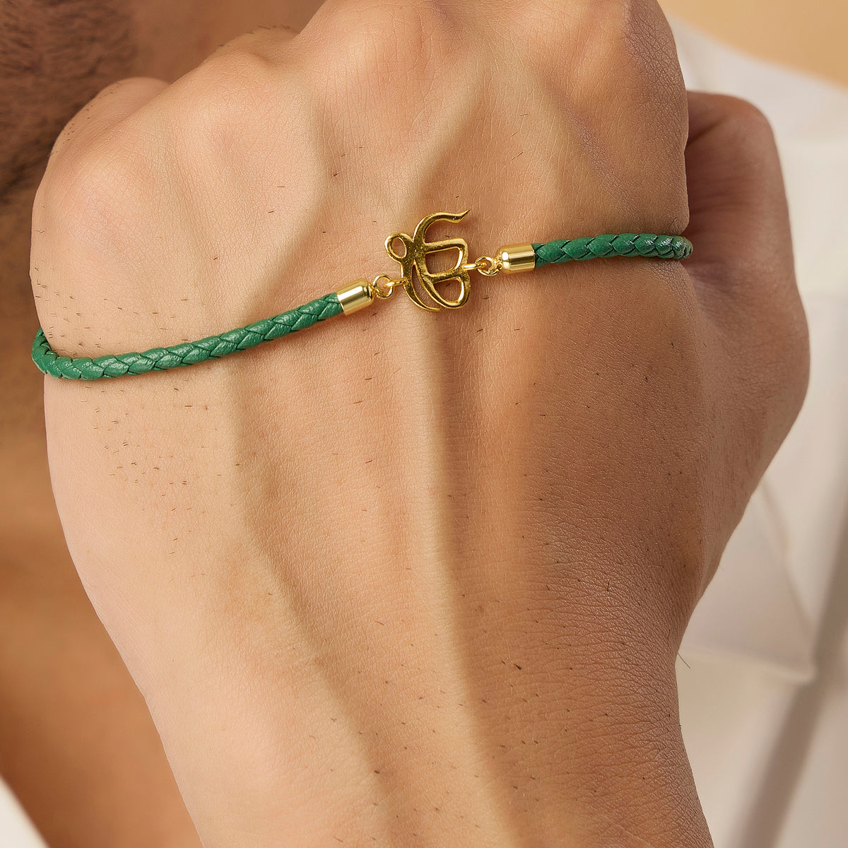 Men's Pure Silver Ek Onkar Green Leather Rope Bracelet