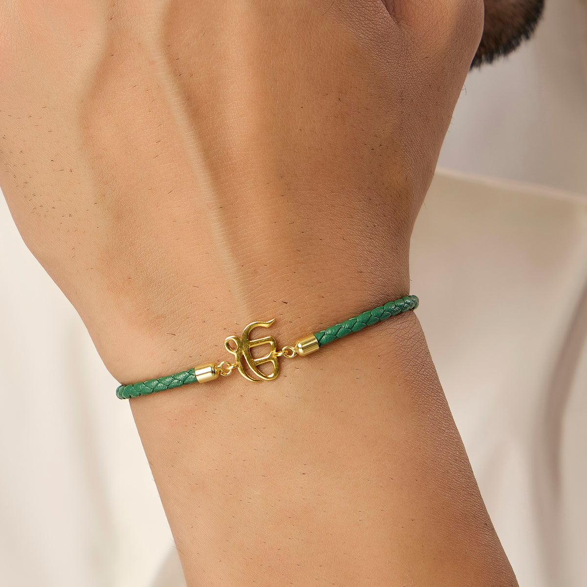 Men's Pure Silver Ek Onkar Green Leather Rope Bracelet