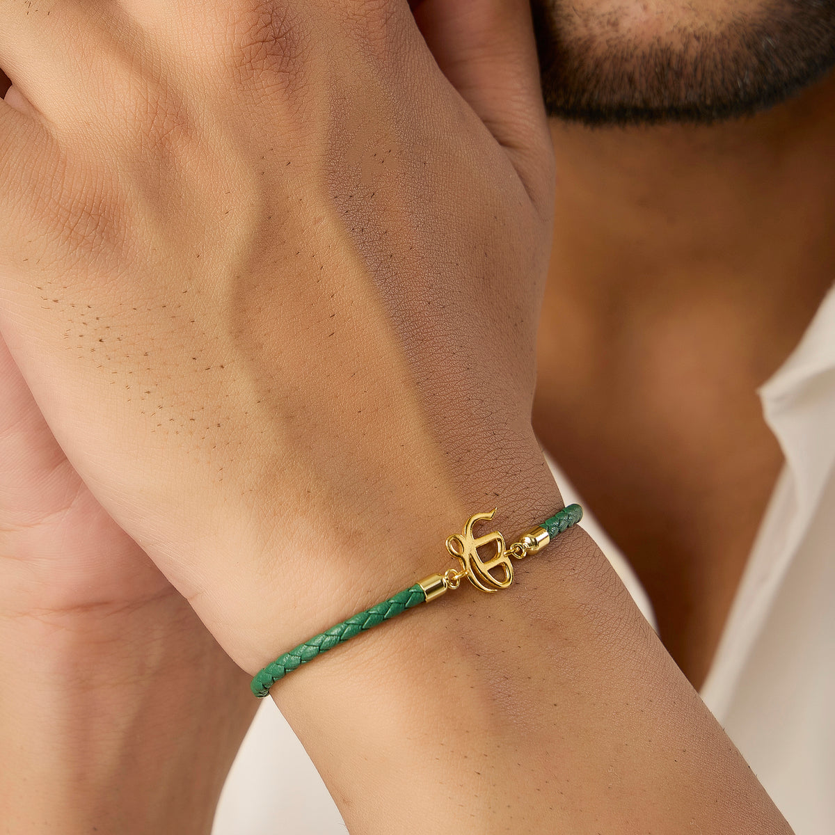 Men's Pure Silver Ek Onkar Green Leather Rope Bracelet