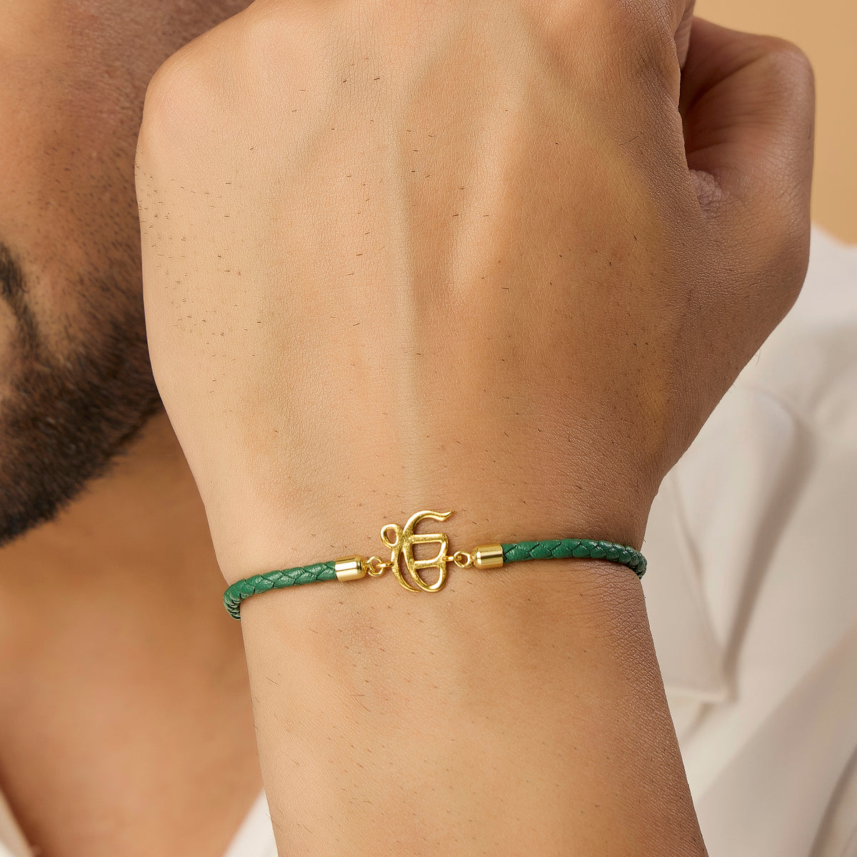 Men's Pure Silver Ek Onkar Green Leather Rope Bracelet