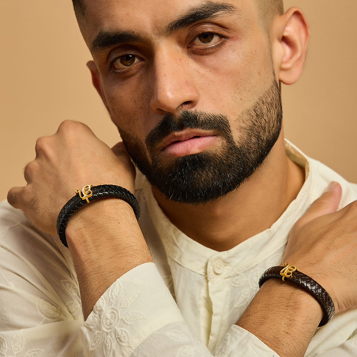 Men's Pure Silver Ek Onkar Leather Bracelet- Gold finish