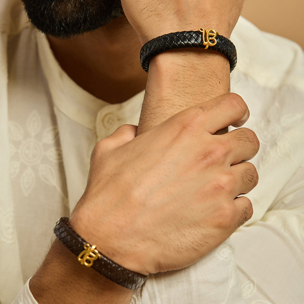 Men's Pure Silver Ek Onkar Leather Bracelet- Gold finish