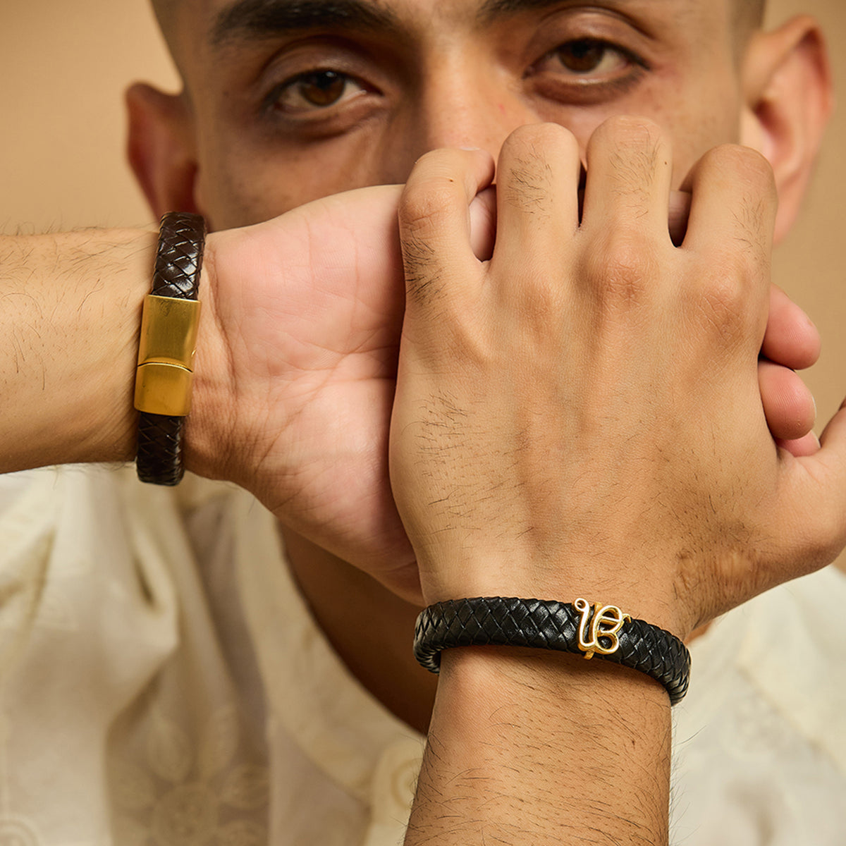 Men's Pure Silver Ek Onkar Leather Bracelet- Gold finish