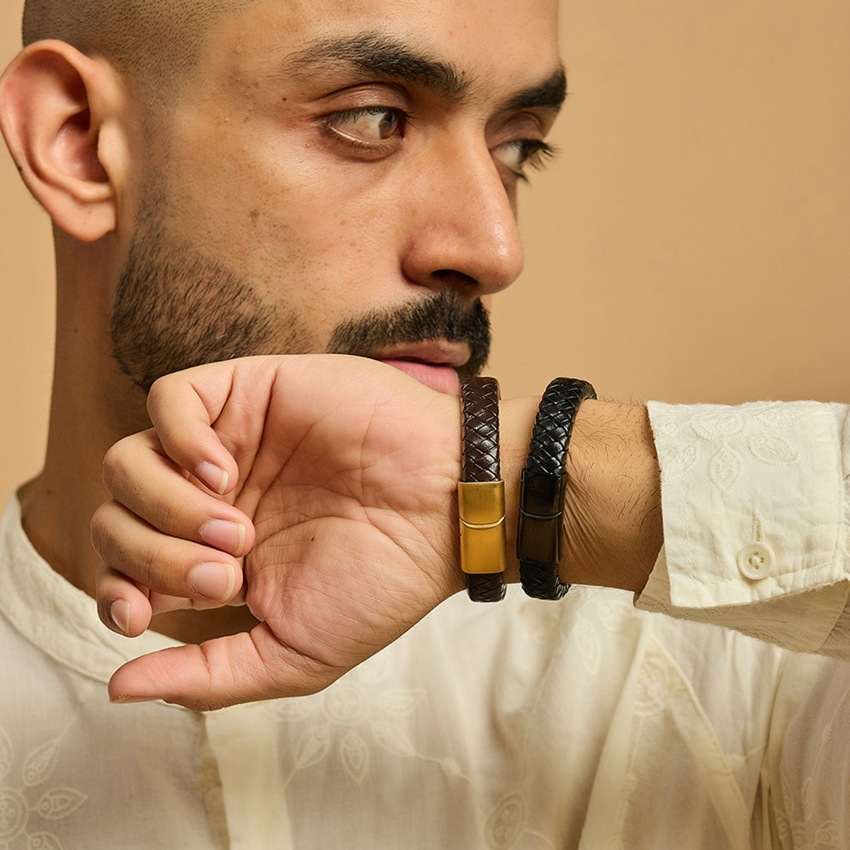 Men's Pure Silver Ek Onkar Leather Bracelet- Gold finish