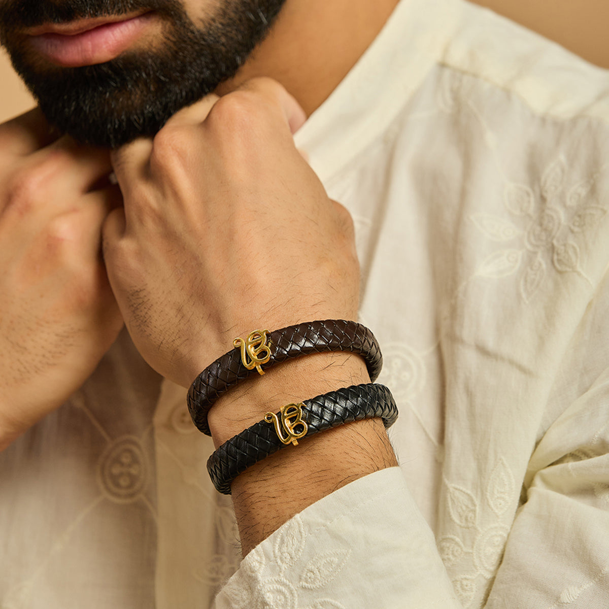 Men's Pure Silver Ek Onkar Leather Bracelet- Gold finish